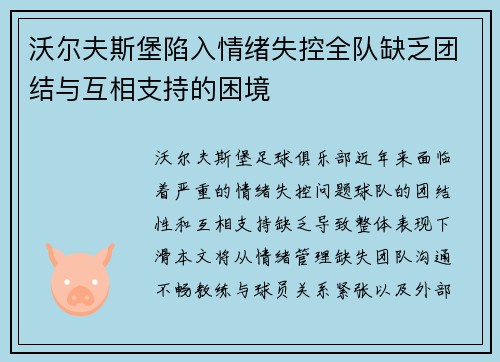 沃尔夫斯堡陷入情绪失控全队缺乏团结与互相支持的困境