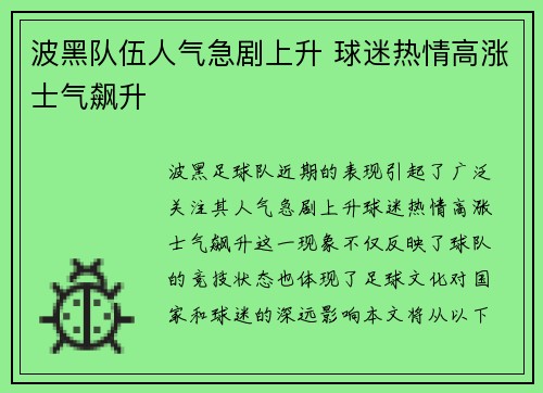 波黑队伍人气急剧上升 球迷热情高涨士气飙升