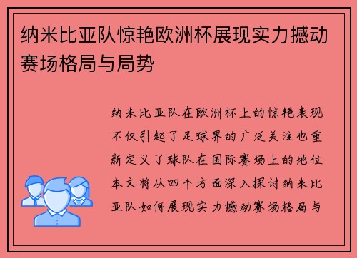 纳米比亚队惊艳欧洲杯展现实力撼动赛场格局与局势